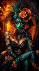  a woman in a black and orange dress sitting on a chair, wearing a mask and adorned with flowers The background is blurred, giving the image a dreamy, ethereal feel