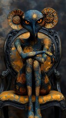 Obraz premium a woman sitting on top of a chair with a blue and yellow design on her body The background is blurred, giving the image a dreamy, ethereal feel The woman appears