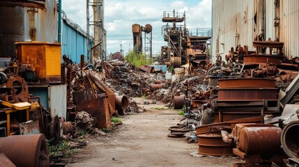 Industrial Scrap Metal Yard with Piles of Rusty Machinery, Metal Scraps, and Abandoned Equipment Surrounded by Tall Sheds and Overcast Sky in a Derelict Area