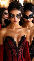  a woman in a red and black dress with a black mask on her face, standing in front of a blurred background with lights illuminating her