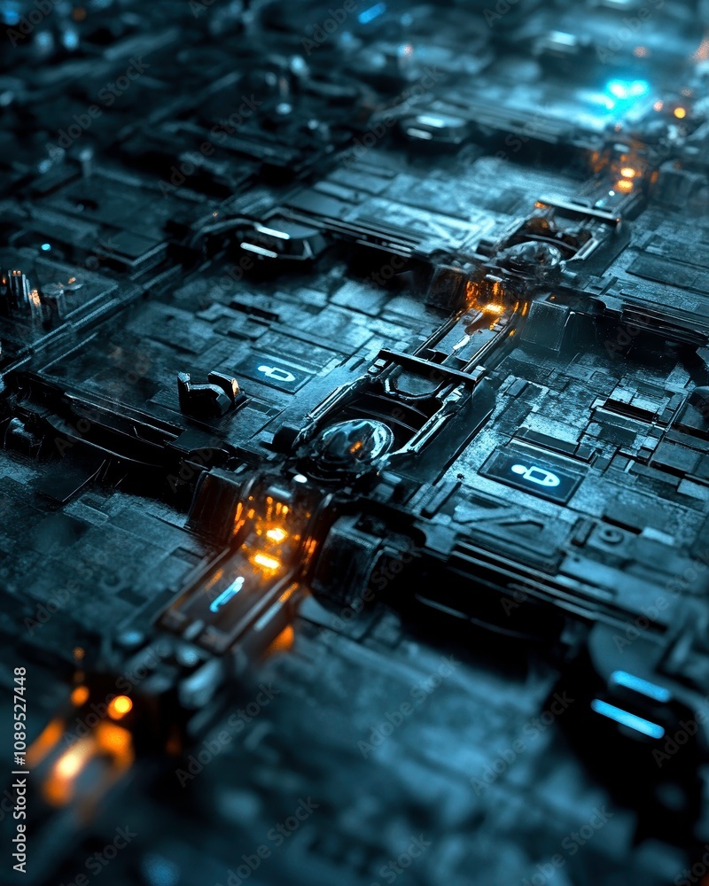 Poster futuristic, abstract design featuring intricate patterns and glowing elements, showcasing high tech 