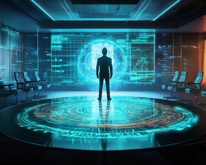 Futuristic Boardroom with Glowing Holographic Table and Leader Guiding Digital Strategy Plans