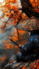  an old man in a kimono sitting on a rock, holding a sword in one hand and an umbrella in the other The background is blurred, with a tree visible in the distance