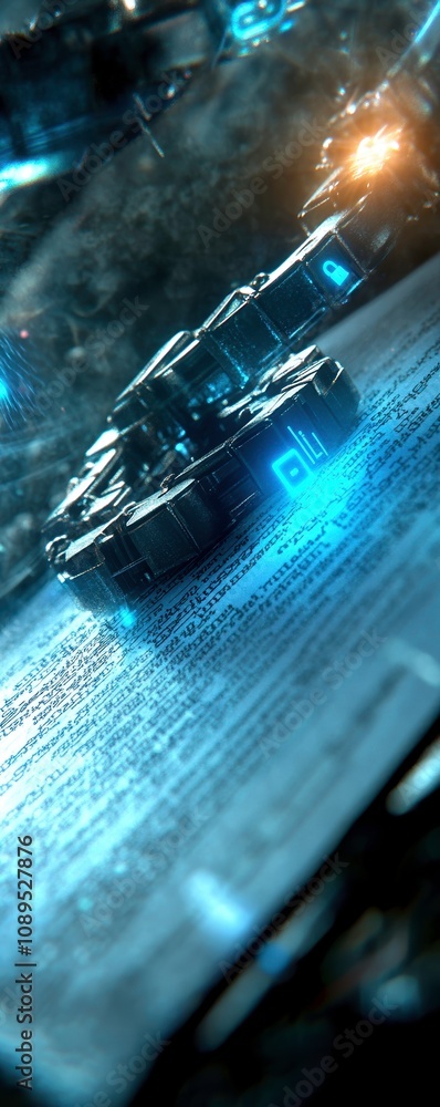 Poster glowing privacy policy document with digital elements and futuristic design. image features intricat