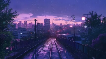 A serene urban evening scene with train tracks reflecting rain, showcasing vibrant city lights.