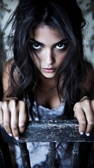  a woman with long black hair and blue eyes standing in front of a wooden fence, holding onto the railing with her hands The background is blurred, giving the image