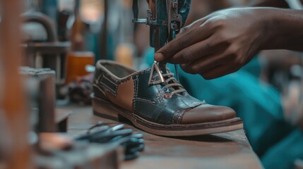 Obraz premium Artisan craftsman expertly stitching leather shoes in workshop, showcasing handcraft skills and traditional techniques for footwear production and design.