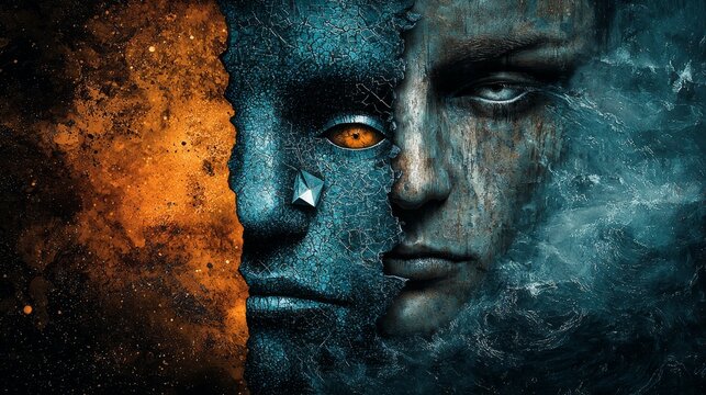   a woman's face with a diamond in the middle of it, surrounded by a collage of blue, black, and orange colors It is a high-definition wallpaper with a resolution of 1920x1080