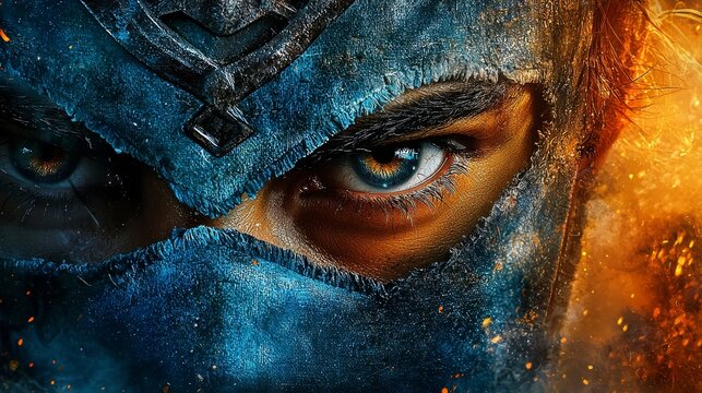  a man with blue paint on his face and a mask covering his face, set against a backdrop of fire He appears to be in a battle-ready stance, ready to take on any chal