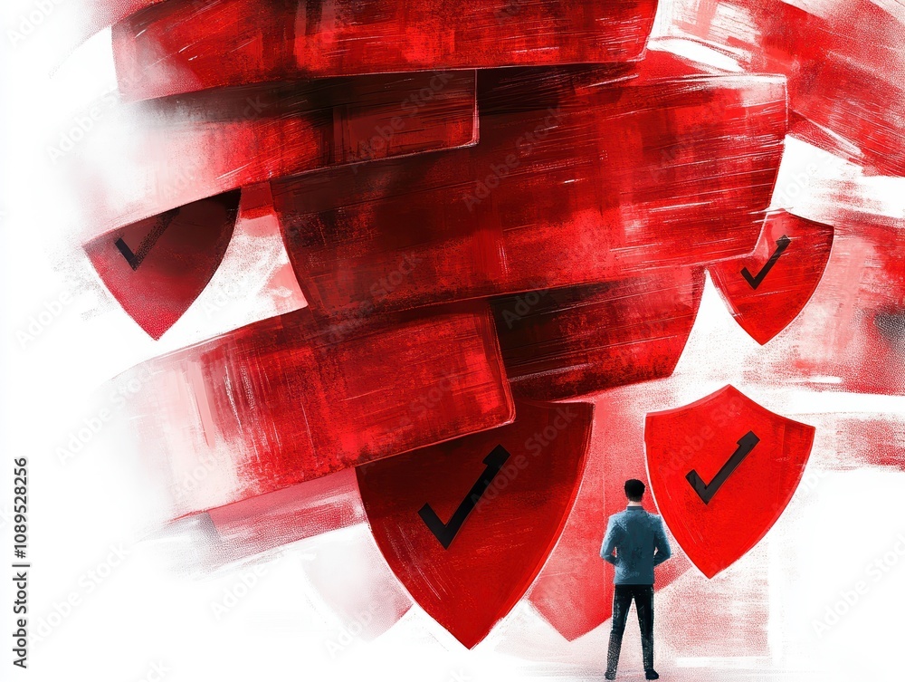 Aufkleber man standing before layers of red shields symbolizing cybersecurity and protection, conveying sense 