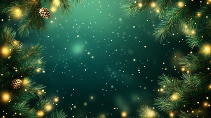 Festive Green Branches Lights And Pinecones Winter Holiday