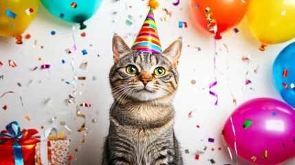 Celebrating with a festive cat party atmosphere at home with colorful decorations and joyful vibes