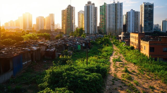 A striking contrast of urban development and poverty, showcasing towering skyscrapers next to informal settlements.