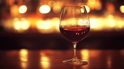 Brandy glass on bar counter at night.