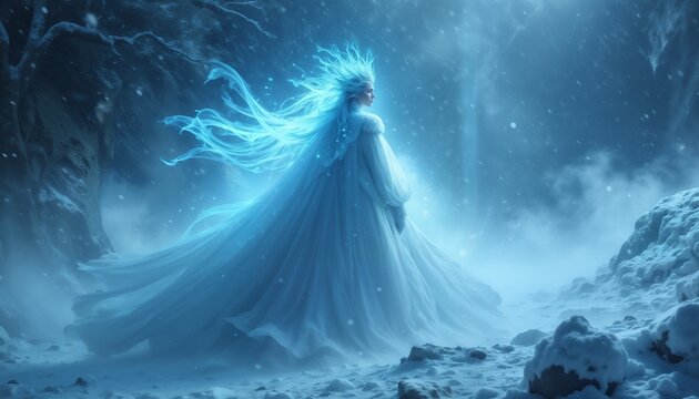 Ice queen with glowing hair in winter storm