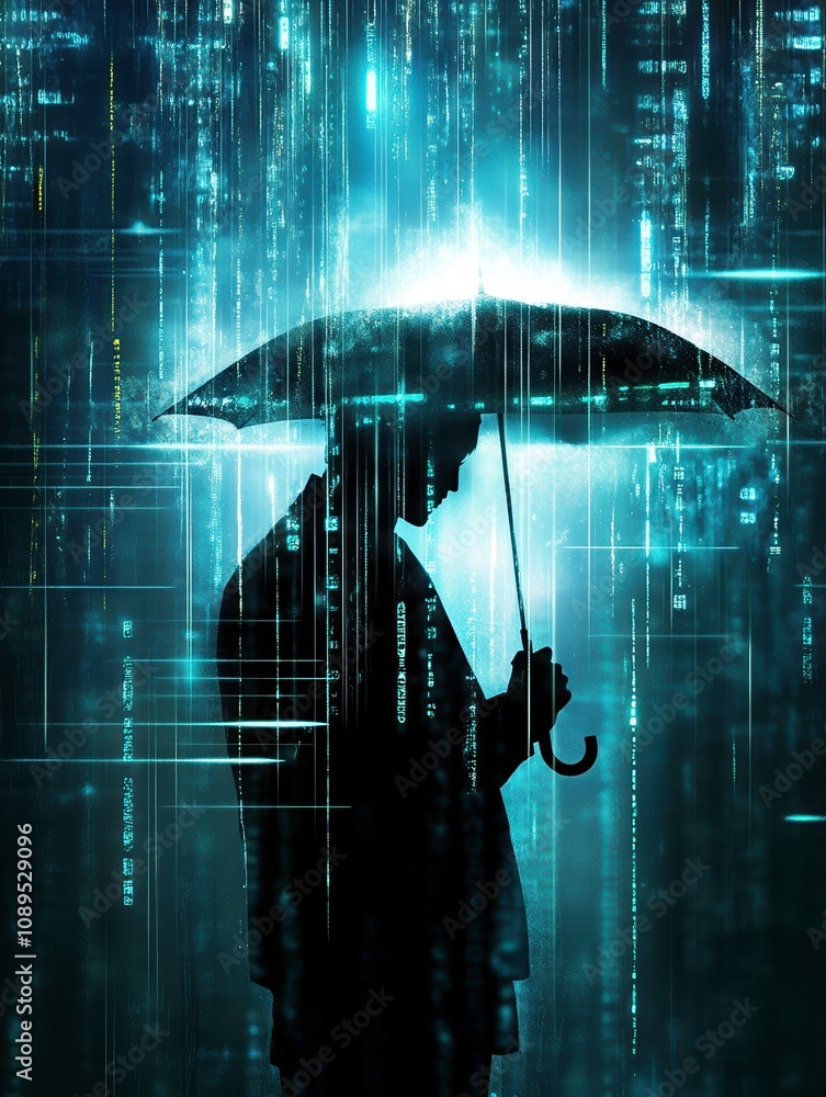 Aufkleber digital silhouette holding umbrella stands against backdrop of glowing data streams, creating myster