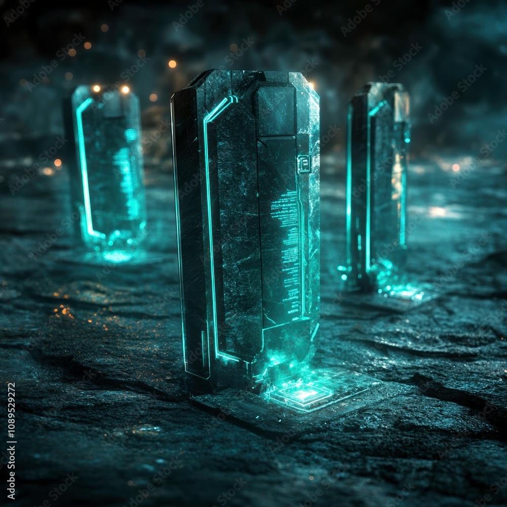 Poster conceptual image of futuristic data breach protection devices glowing in dark environment, showcasin
