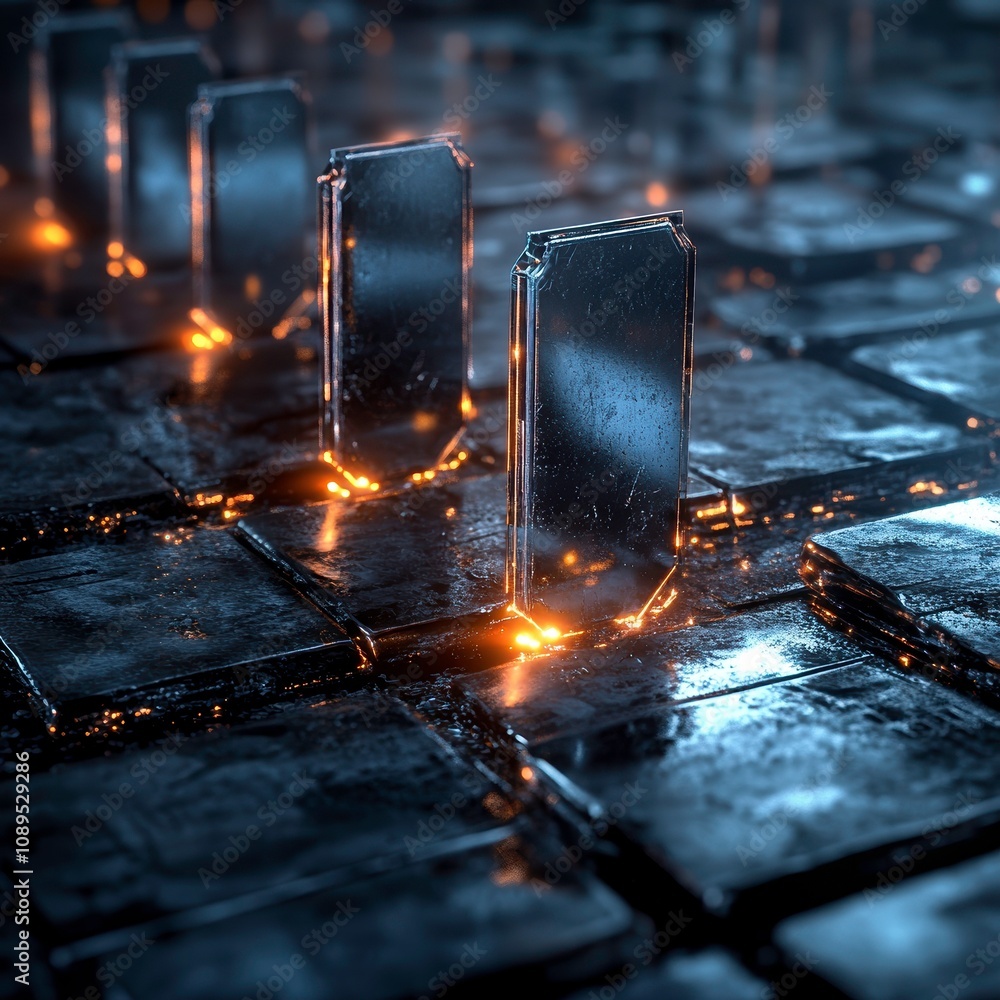 Poster conceptual image of data breach protection with glowing elements on dark surfaces, showcasing futuri