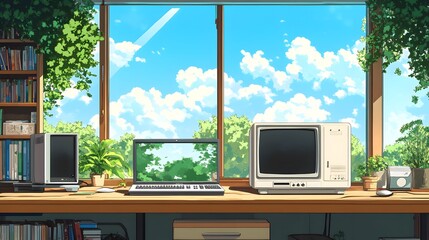A serene workspace featuring a modern and vintage computer setup by a sunny window.