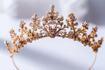 A luxurious golden tiara adorned with pearls and diamonds, perfect for royalty or special occasions