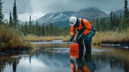 Fototapeta na wymiar A male environmental scientist studies water quality in a tranquil mountain stream.