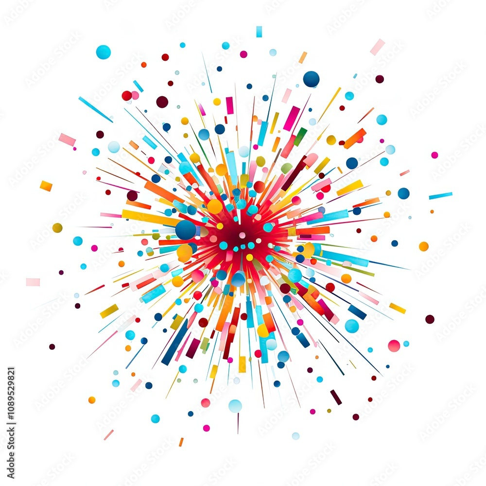 Poster vibrant explosion of colorful shapes and lines radiating in dynamic patterns on a white background f