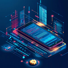 Fototapeta premium Smartphone application displaying business graphs and analytics data on an isometric mobile phone. It involves analyzing trends and financial strategies using infographic charts.