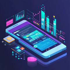 Smartphone application displaying business graphs and analytics data on an isometric mobile phone. It involves analyzing trends and financial strategies using infographic charts.