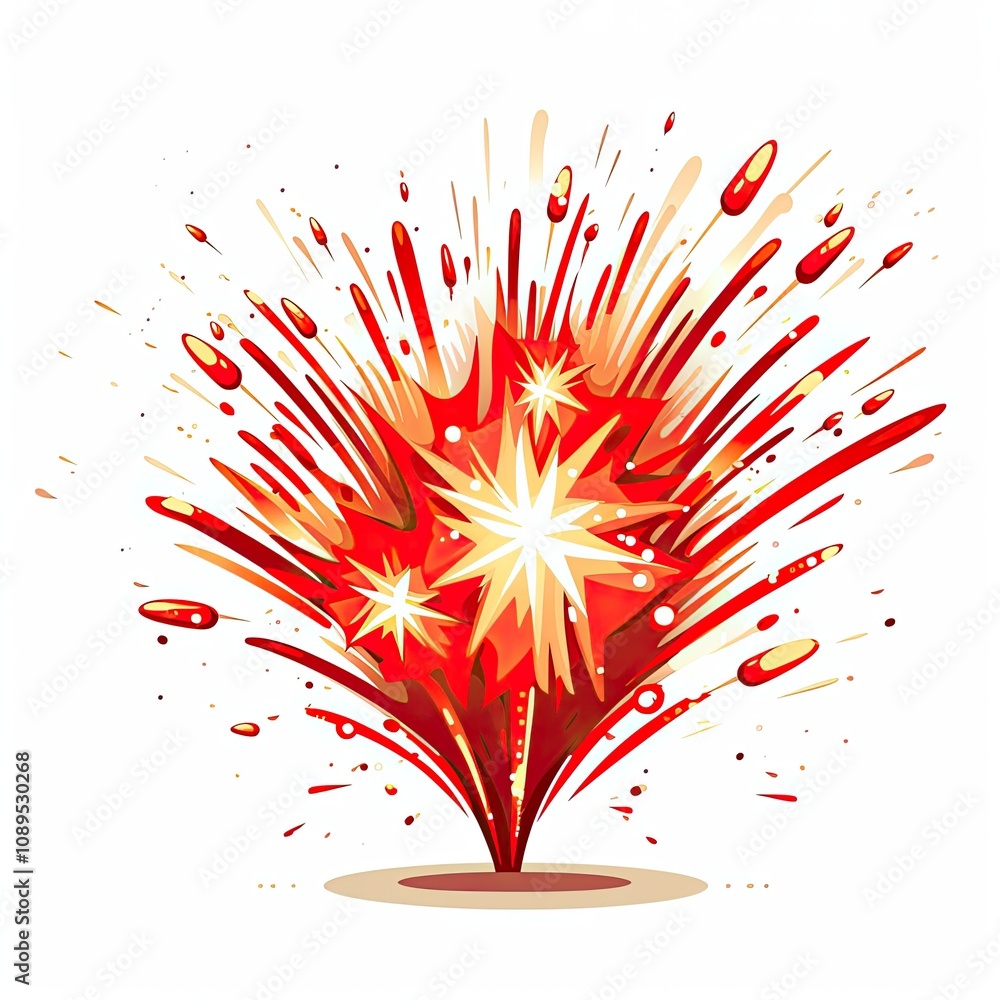 Poster bright red explosion with dynamic splashes and sparks in a minimalist style, perfect for attention-g