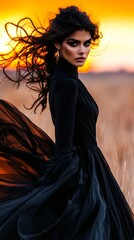 Naklejka premium a woman in a black dress standing in a field at sunset, with her hair blowing in the wind The sky is a beautiful mix of oranges, pinks, and purples, and the backgr