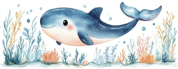 Cute watercolor whale swimming underwater with corals and bubbles. Ocean themed decor designs
