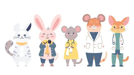 Set of cute animals doctors. Funny anthropomorphic pediatric medics. Health care cartoon characters. 