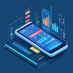 Smartphone application displaying business graphs and analytics data on an isometric mobile phone. It involves analyzing trends and financial strategies using infographic charts.