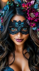 Fototapeta premium a woman wearing a blue dress and a black masquerade mask adorned with flowers The background is blurred, giving the image a dreamy, ethereal feel