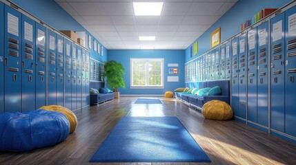 Bright school hallway with blue lockers and seating.