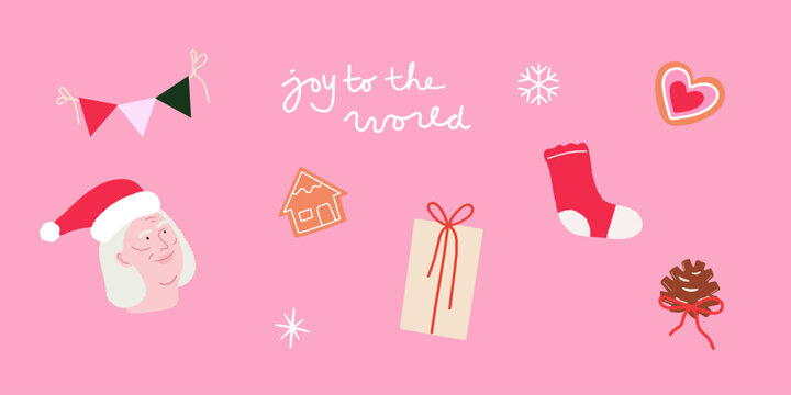 Mrs. Claus Vector Illustration with Christmas Elements for Holiday Design. Present, Christmas Cookies, Decorations. 