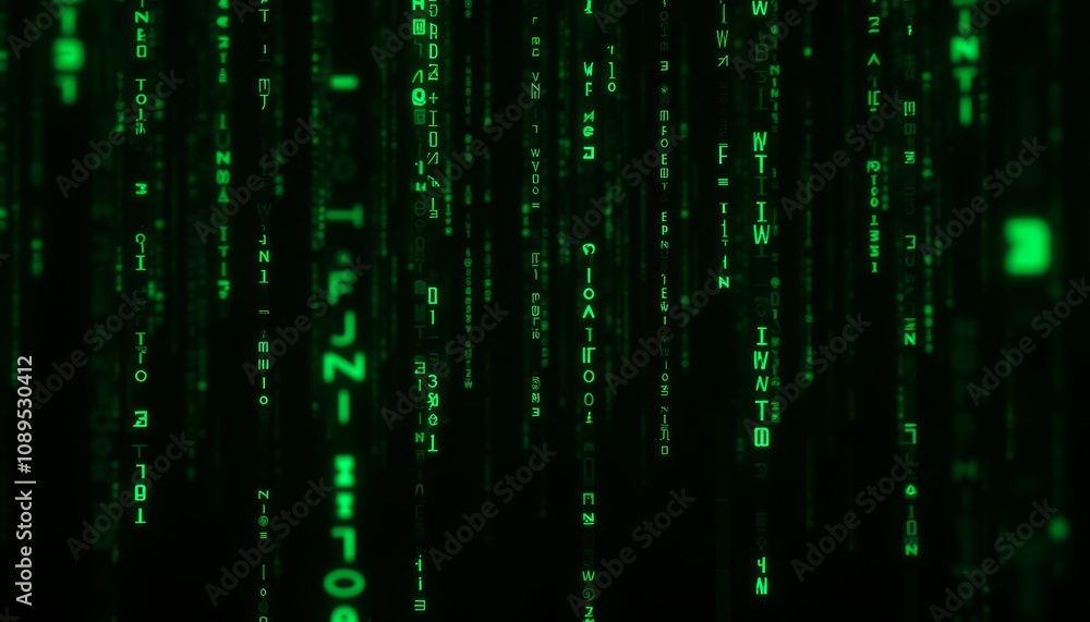 Fototapete Matrix movie style background with flowing green code and symbols on dark backdrop