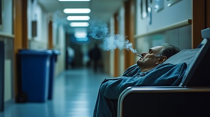 A patient smoking a cigarette near a trash can in a hospital smoking zone