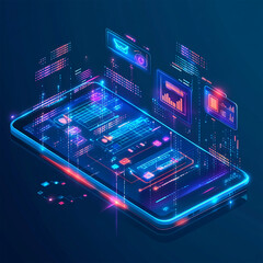 Obraz premium Smartphone application displaying business graphs and analytics data on an isometric mobile phone. It involves analyzing trends and financial strategies using infographic charts.