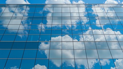 Sustainable energy and buildings. A modern glass building reflecting clouds and blue sky, showcasing a clean, contemporary architectural design.