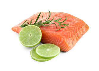Piece of fresh salmon, lime and rosemary isolated on white