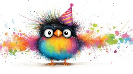 Fototapeta premium a colorful bird wearing a party hat with paint splatters on it, set against a white background