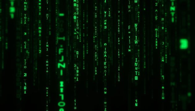 Matrix movie style background with flowing green code and symbols on dark backdrop
