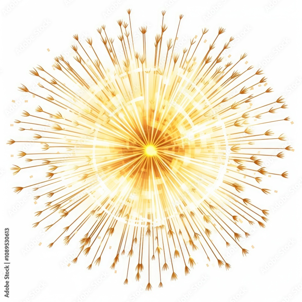 Poster golden abstract explosion with radiating lines and spiraling patterns creating a burst of energy and