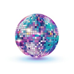 Obraz premium Colorful Disco Ball on White Background for Celebratory Themes and Event Decor with Shimmering Tiles Reflecting Light in Various Shades and Textures