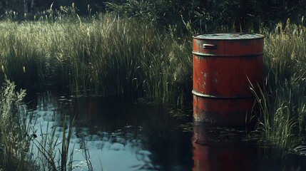 Obraz premium Rusty red barrel standing in a tranquil pond surrounded by lush greenery.