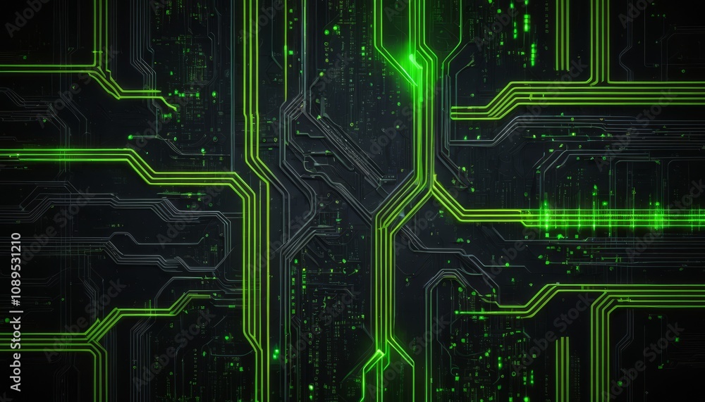 Poster matrix movie style background with green neon circuit patterns on dark texture