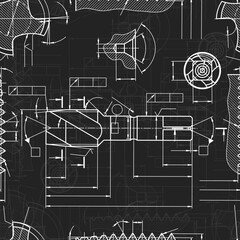 Mechanical engineering drawings on black background. Tap tools, borer. Technical Design. Cover. Blueprint. Seamless pattern. Vector illustration.