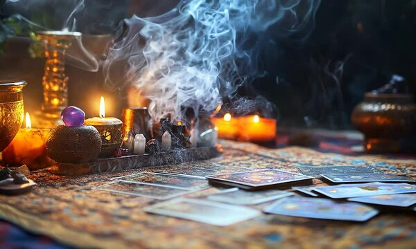 A person is holding a tarot card in front of a table with candles and other items. The scene has a mystical and spiritual vibe, with the tarot card being used for divination or fortune-telling