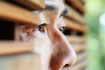 Obraz premium a close up of a man's face looking out of a window, with wooden objects in the foreground and a blurry background